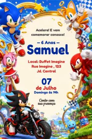 Convite de Aniversário Sonic Moderno para Editar