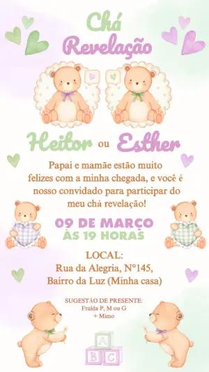 Convite Chá Revelação Ursinhos Aquarela para Editar