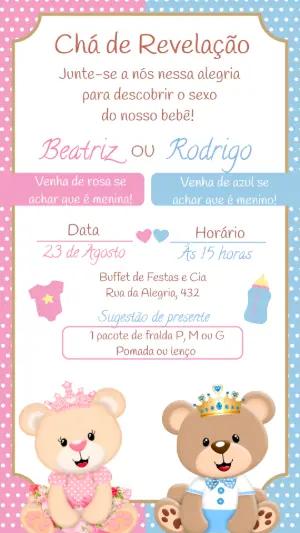 Convite Chá de Revelação Ursinhos Realeza para Editar Online