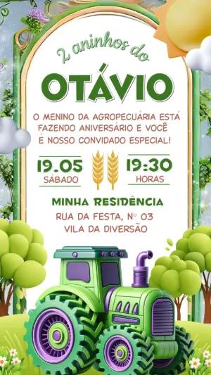 Convite de Aniversário Trator Fazenda Verde Editável