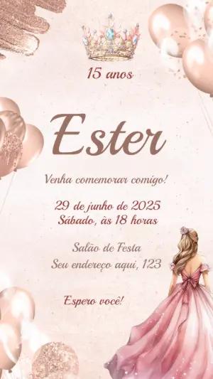 Convite de 15 Anos Princesa Rosé Gold Elegante para Editar