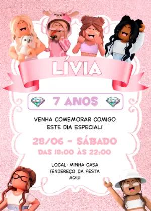 Convite Aniversário Roblox Menina Glitter Rosa para Editar