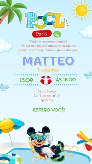 Convite de Aniversário Pool Party do Mickey para Editar