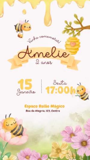 Convite Animado Aniversário Abelhinha Aquarela para Editar