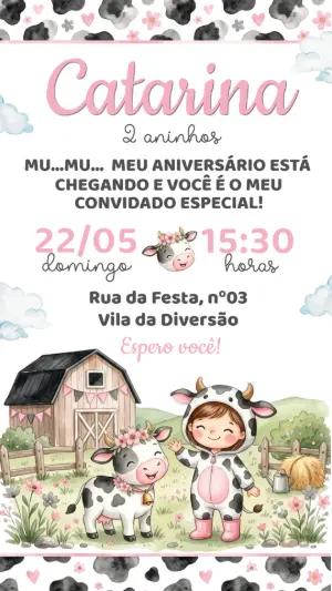 Convite de Aniversário Vaquinha Menina Aquarela Editável
