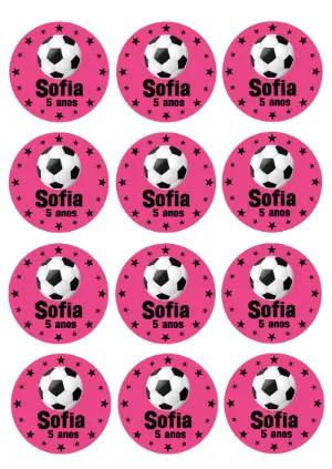 Adesivo Redondo Festa Futebol Rosa para Editar Online