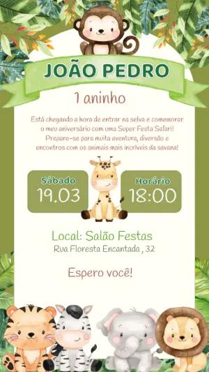 Convite Aniversário Safari com Animais Fofos para Editar Online
