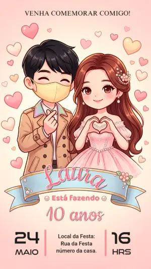 Convite de Aniversário Dorama Fofo Modelo Editável