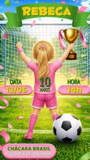 Convite de Aniversário Futebol Feminino Rosa Editável