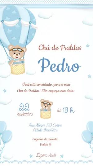 Convite Chá de Fraldas Ursinho Aviador Azul Editável