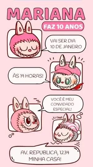 Convite Aniversário Labubu Rosa com Personagens para Editar Online