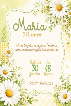 Convite de Aniversário 50 Anos Floral Margaridas Editável