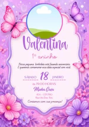 Convite Jardim das Borboletas Lilás e Rosa com Foto Editável