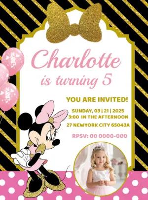 Minnie Mouse Pink and Gold Birthday Invitation | Editable Template