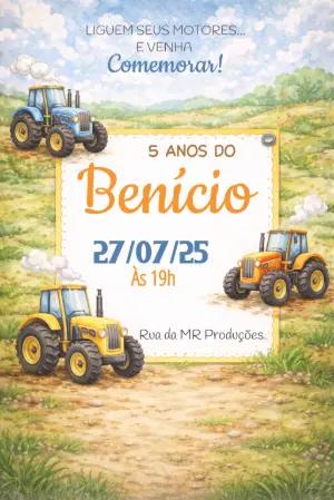 Convite de Aniversário Tratores Aquarela para Editar Online