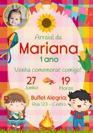 Convite de Aniversário Festa Junina Menina com Foto Editável