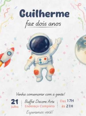 Convite de Aniversário Astronauta Aquarela Editável