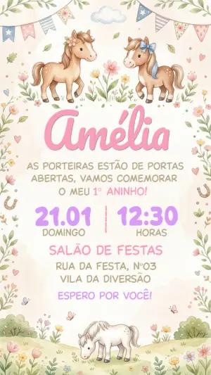 Convite de Aniversário Cavalinho Aquarela para Menina Editável