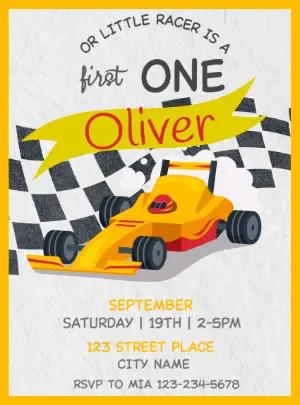 Editable Race Car First Birthday Invitation Template