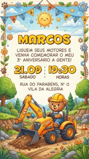 Convite de Aniversário Trator com Ursinho Fofo Editável