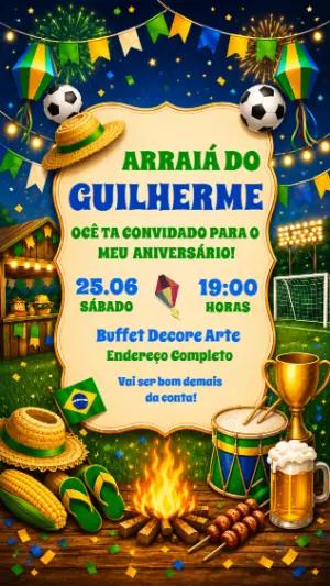 Convite de Aniversário Arraiá e Futebol Modelo Digital Editável