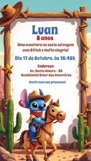 Convite de Aniversário Stitch Cowboy para Editar Online