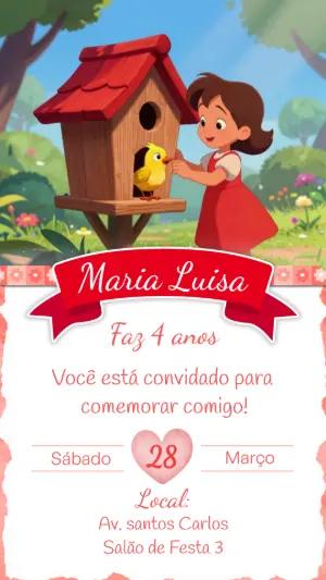 Convite de Aniversário Infantil Menina e Passarinho Editável