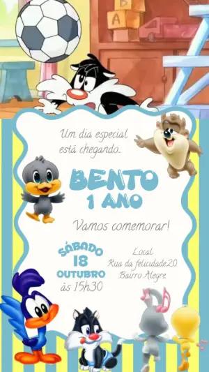 Convite Animado Aniversário Baby Looney Tunes para Editar Online
