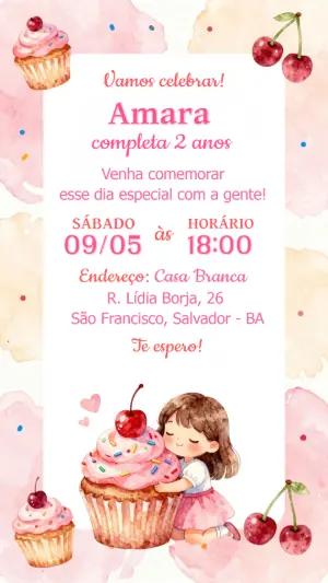 Convite de Aniversário Infantil Tema Cupcake Rosa Editável