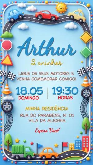 Convite de Aniversário Infantil Carrinhos 3D Editável