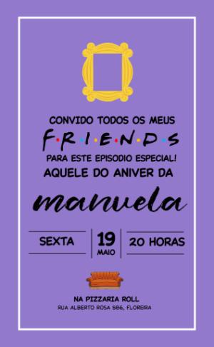 Convite Digital Aniversário Tema Friends Roxo para Editar