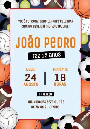 Convite de Aniversário Esportes e Bolas Modelo Editável