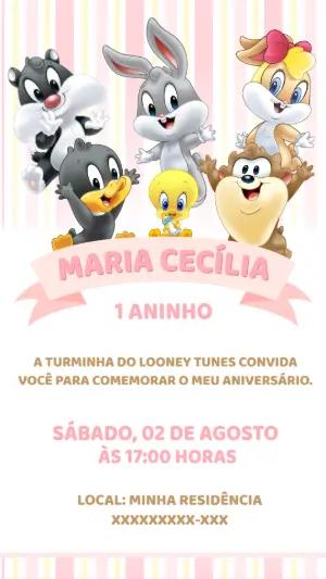 Convite Aniversário Baby Looney Tunes para Editar Online