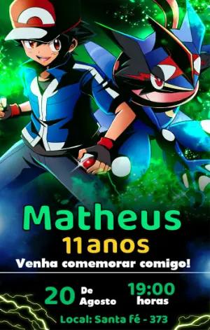 Convite de Aniversário Pokémon com Ash e Greninja Editável