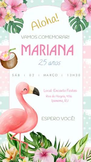 Convite Aniversário Tropical com Flamingo para Editar Online