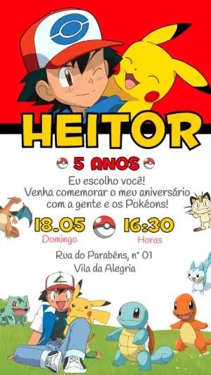Convite de Aniversário Pokémon com Pikachu e Ash para Editar