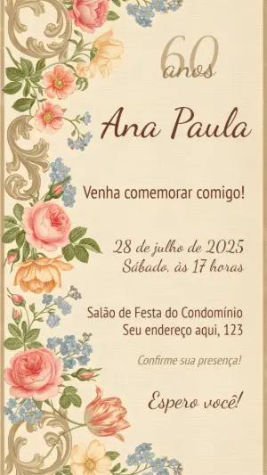 Convite de Aniversário Floral Vintage para Editar Online