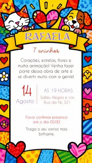 Convite de Aniversário Arte Pop com Pets para Editar Online