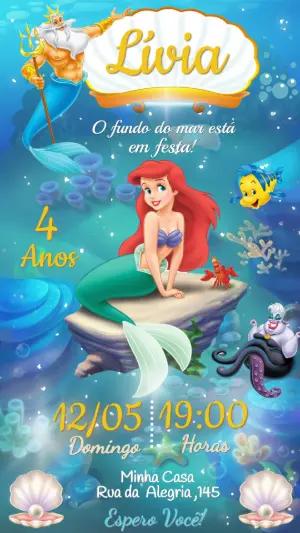 Convite de Aniversário Sereia Ariel Fundo do Mar para Editar