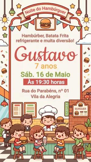 Convite de Aniversário Infantil Tema Hambúrguer Editável