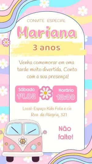 Convite Aniversário Kombi Rosa Hippie para Editar Online