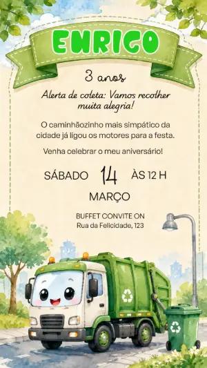 Convite de Aniversário Caminhão de Lixo Editável