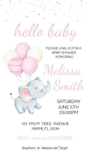 Pink Elephant Baby Shower Invitation Editable Template