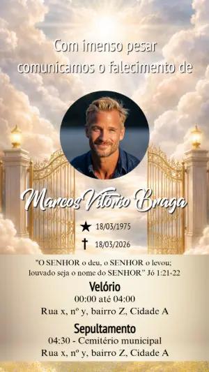 Comunicado de Falecimento Céu Dourado Modelo Editável para Homenagem