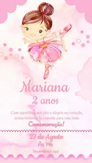 Convite de Aniversário Bailarina Aquarela para Editar Online