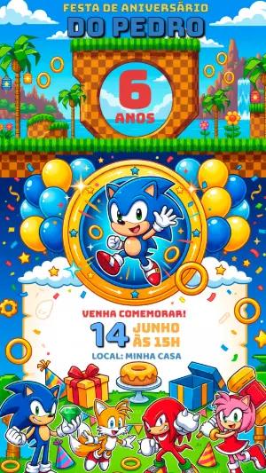 Convite de Aniversário Sonic Estilo Game para Editar