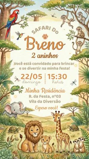 Convite de Aniversário Safari Aquarela Editável para Menino