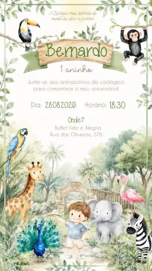 Convite Digital Aniversário Zoológico Aquarela Editável