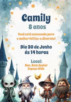 Convite Aniversário Magia com Personagens para Editar Online