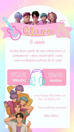 Convite de Aniversário Guerreiras do K-pop Colorido para Editar